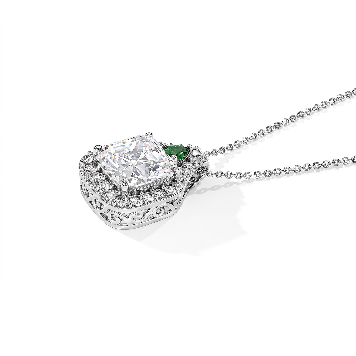 D'Joy Moissanite and Chrome Diopside 6.00 ctw Stacked Radiance Pendant Necklace in Rhodium Over Sterling Silver 20 Inches