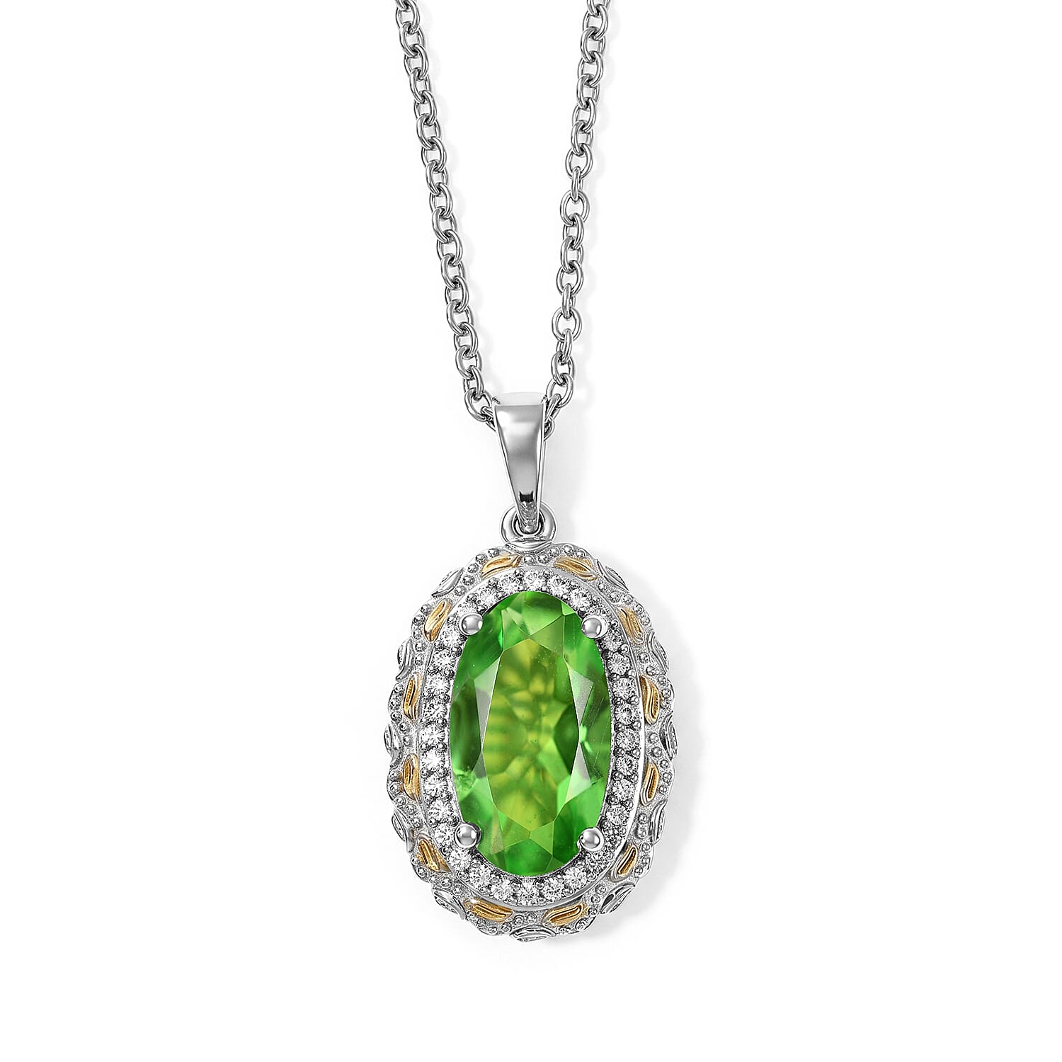 EverTrue Chartreuse Quartz (Triplet) and White Zircon 4.50 ctw Pendant in 18K YG Plated and Platinum Bond with Stainless Steel 20 Inches