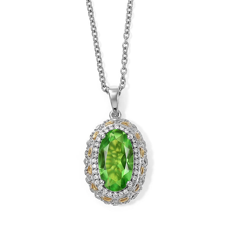 EverTrue Chartreuse Quartz (Triplet) and White Zircon 4.50 ctw Pendant in 18K YG Plated and Platinum Bond with Stainless Steel 20 Inches