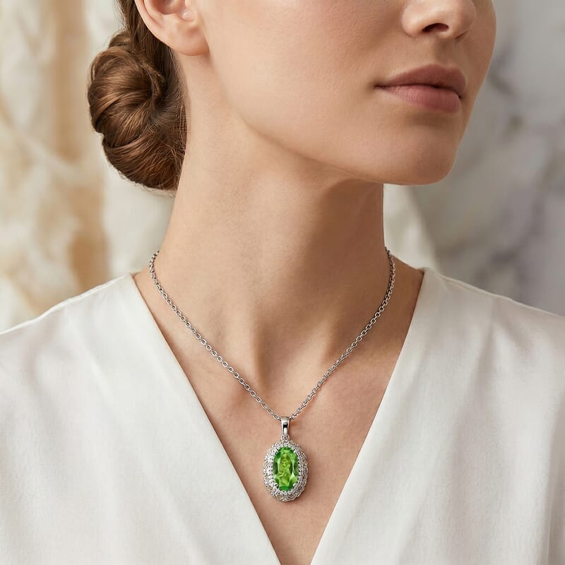EverTrue Chartreuse Quartz (Triplet) and White Zircon 4.50 ctw Pendant in 18K YG Plated and Platinum Bond with Stainless Steel 20 Inches