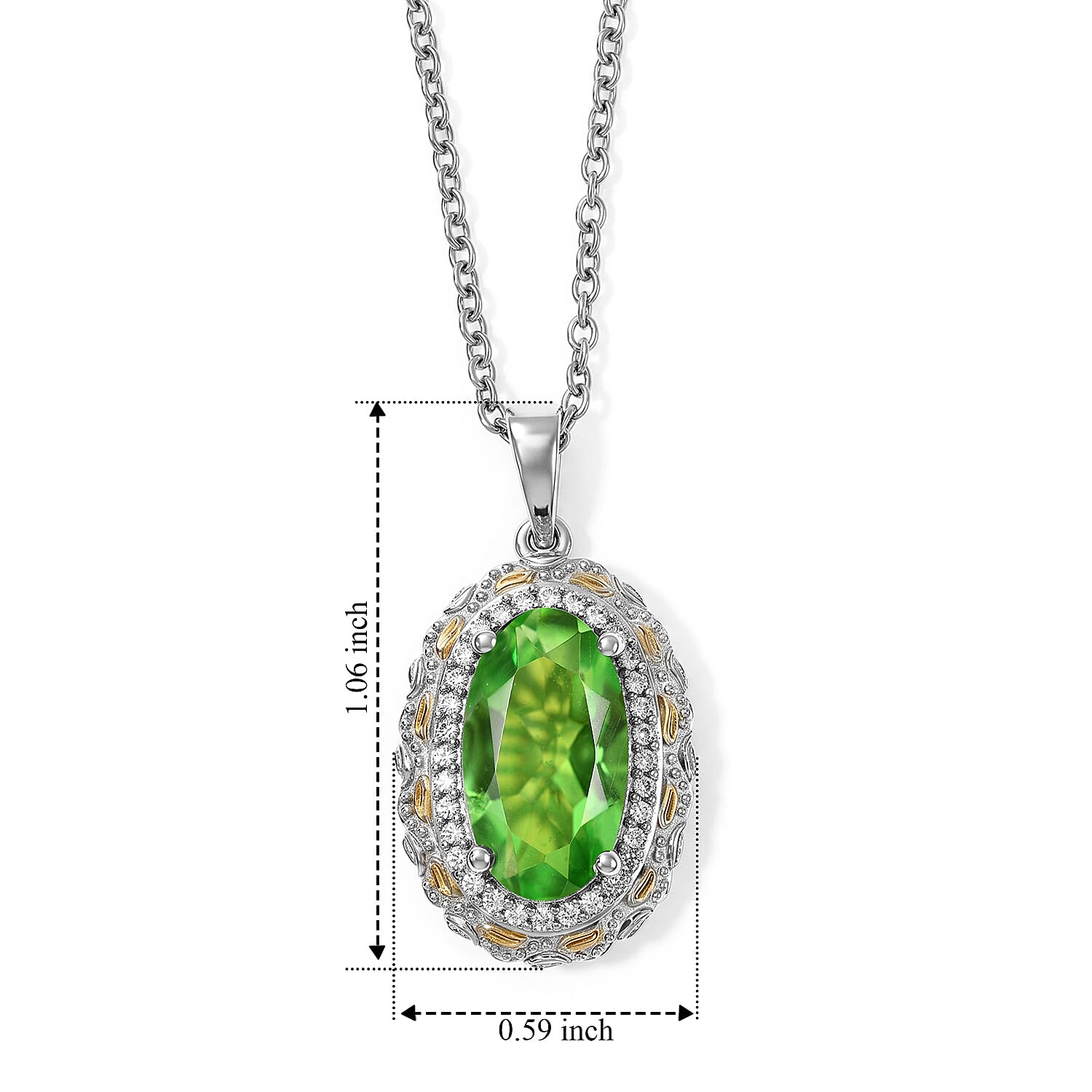 EverTrue Chartreuse Quartz (Triplet) and White Zircon 4.50 ctw Pendant in 18K YG Plated and Platinum Bond with Stainless Steel 20 Inches