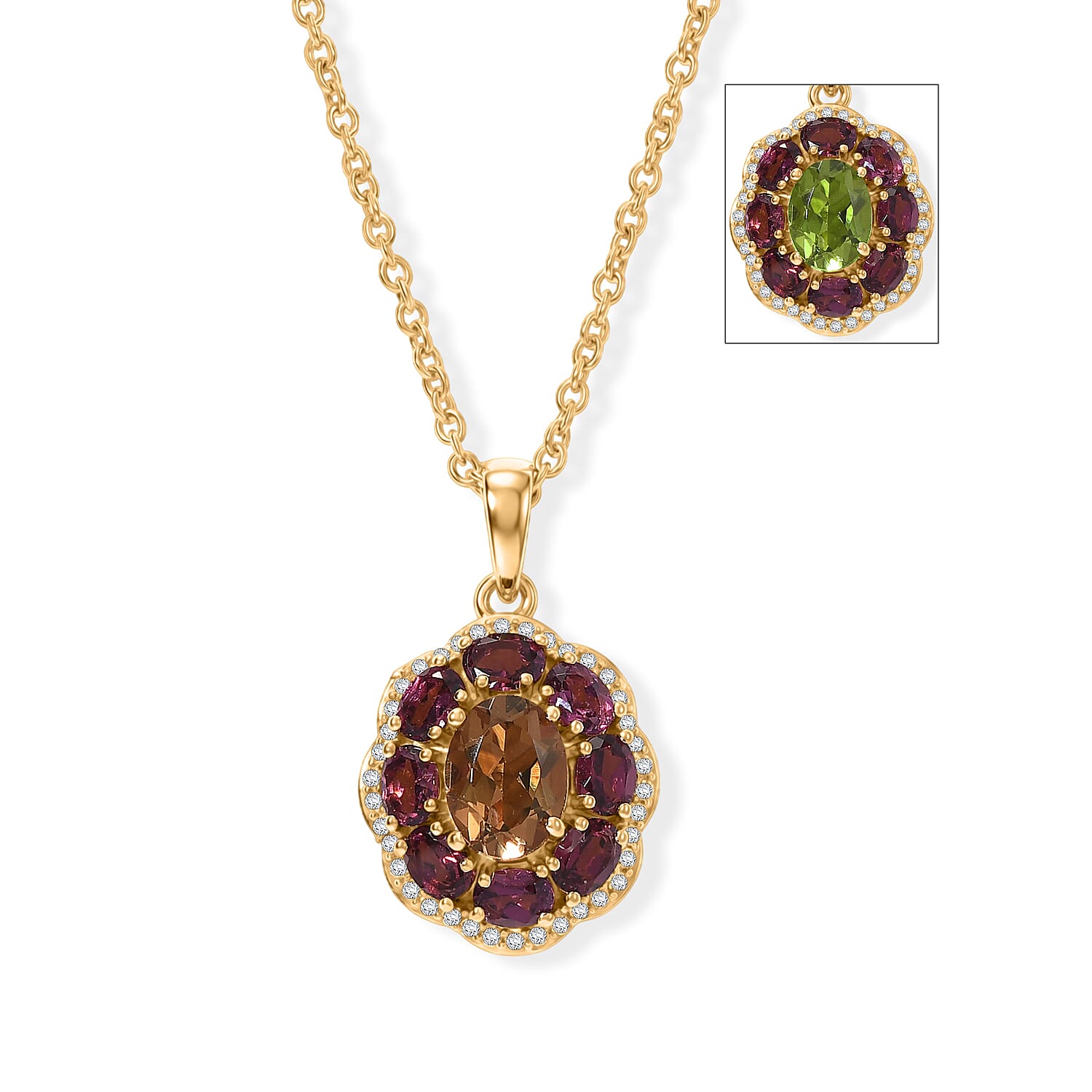 EverTrue Autumn Alexite and Multi Gemstone 3.40 ctw Twilight Fire Halo Pendant in 18K YG Plated with ION Plated YG Stainless Steel Necklace (20 Inches)