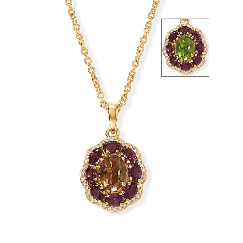 EverTrue Autumn Alexite and Multi Gemstone 3.40 ctw Twilight Fire Halo Pendant in 18K YG Plated with ION Plated YG Stainless Steel Necklace (20 Inches)