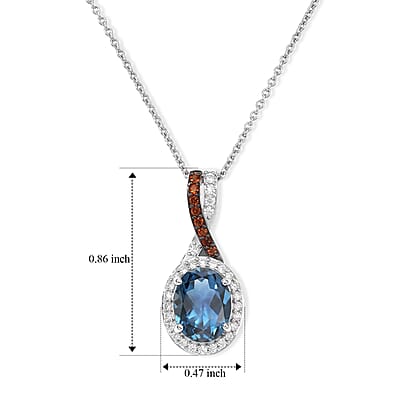 D'Joy London Blue Topaz, White and Brown Zircon 2.70 ctw Pendant Necklace in Rhodium Over Sterling Silver 20 Inches