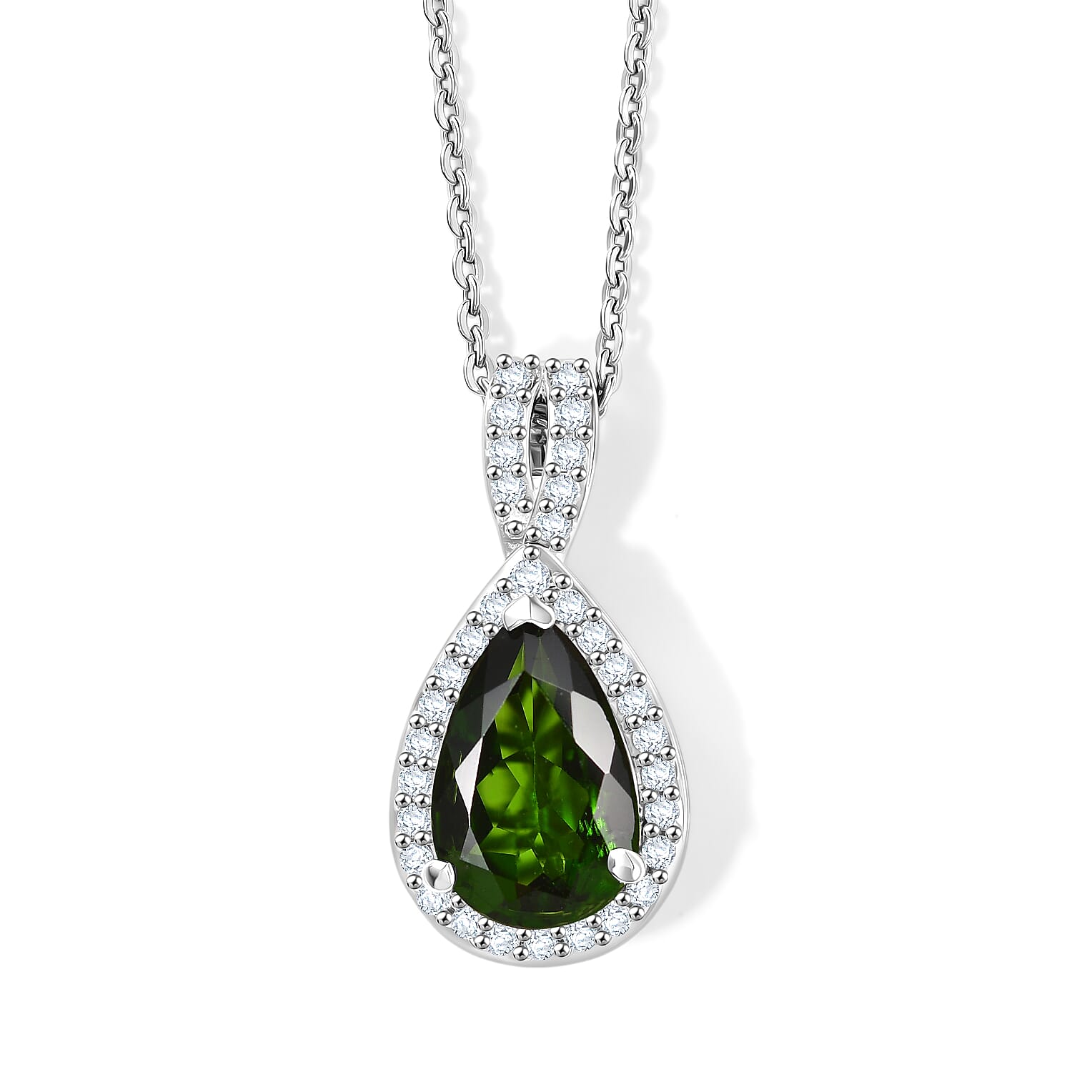 D'Joy Chrome Diopside and Moissanite 1.40 ctw Infinity Crown Pendant Necklace in Rhodium Over Sterling Silver 20 Inches