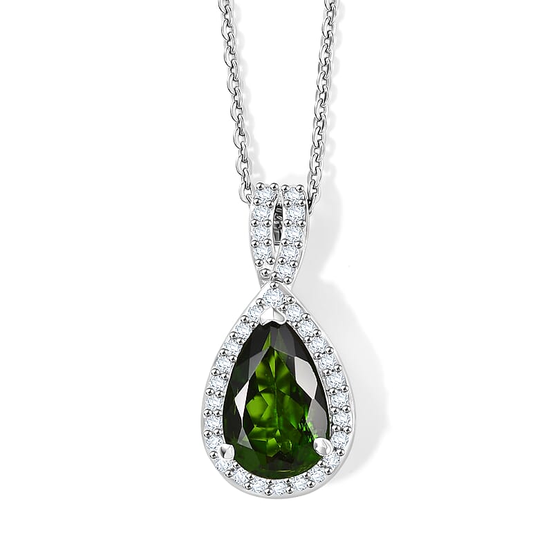 D'Joy Chrome Diopside and Moissanite 1.40 ctw Infinity Crown Pendant Necklace in Rhodium Over Sterling Silver 20 Inches