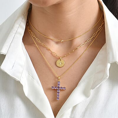 EverTrue Simulated Purple Diamond Pendant in 18K YG Plated with ION Plated YG Stainless Steel Necklace 20 Inches