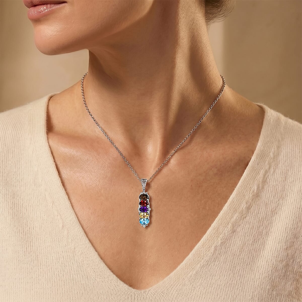 EverTrue Multi Gemstone 2.40 ctw Pendant Necklace (20 Inches) in Stainless Steel image number 1