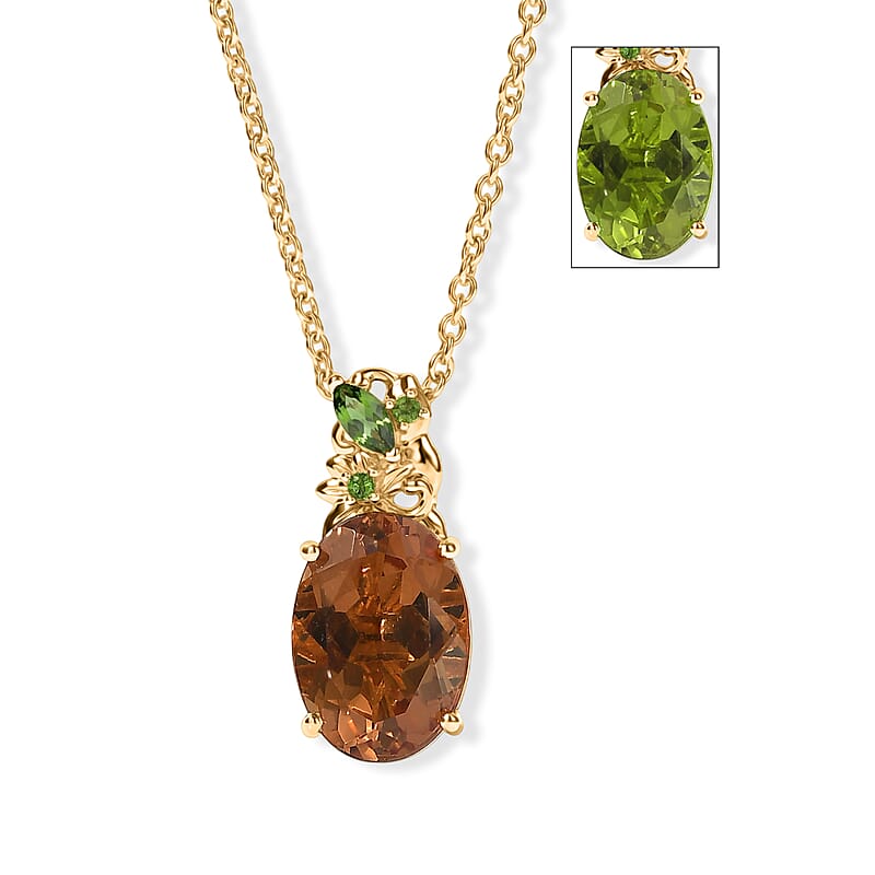 EverTrue Autumn Alexite and Chrome Diopside 5.60 ctw Fire Bloom Pendant in 18K YG Plated with ION Plated YG Stainless Steel Necklace (20 Inches)