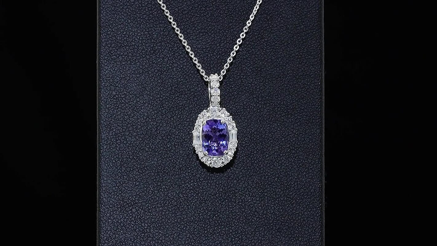 Certified & Appraised D'Joy Premium Tanzanite, Moissanite Pendant Necklace (18 Inches) in Rhodium Over Sterling Silver 1.85 ctw