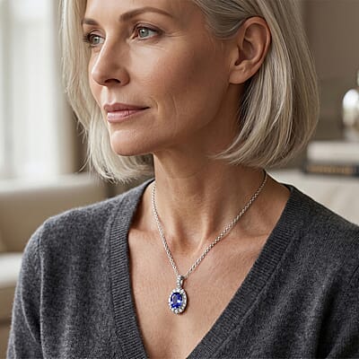 Certified & Appraised D'Joy Premium Tanzanite and Moissanite 1.85 ctw Pendant Necklace in Rhodium Over Sterling Silver 18 Inches