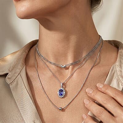 Certified & Appraised D'Joy Premium Tanzanite and Moissanite 1.85 ctw Pendant Necklace in Rhodium Over Sterling Silver 18 Inches