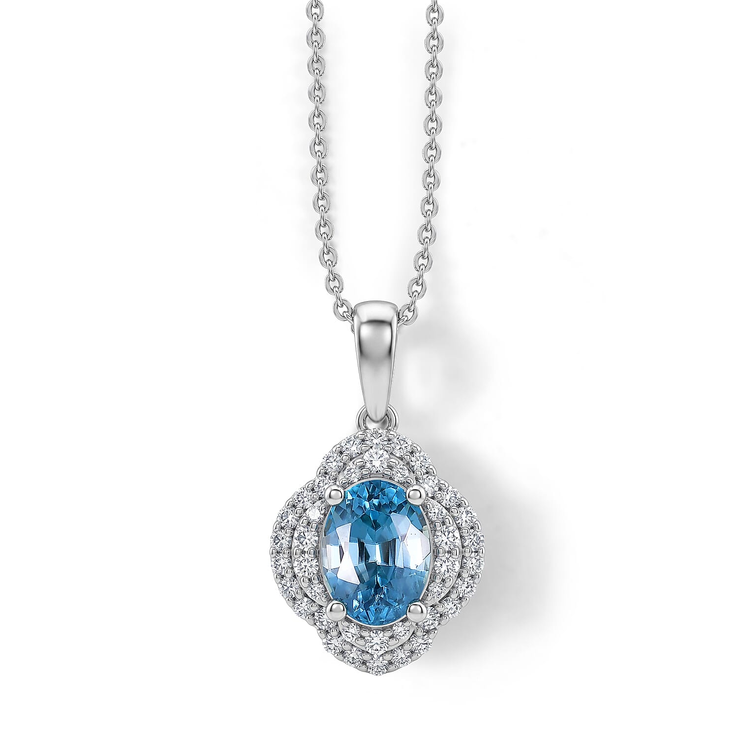 Certified & Appraised D'Joy Premium Cambodian Blue Zircon and Moissanite 2.50 ctw Pendant Necklace in Rhodium Over Sterling Silver 18 Inches