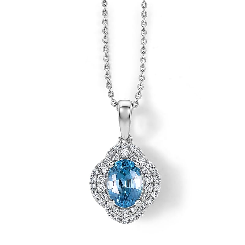 Certified & Appraised D'Joy Premium Cambodian Blue Zircon and Moissanite 2.50 ctw Pendant Necklace in Rhodium Over Sterling Silver 18 Inches