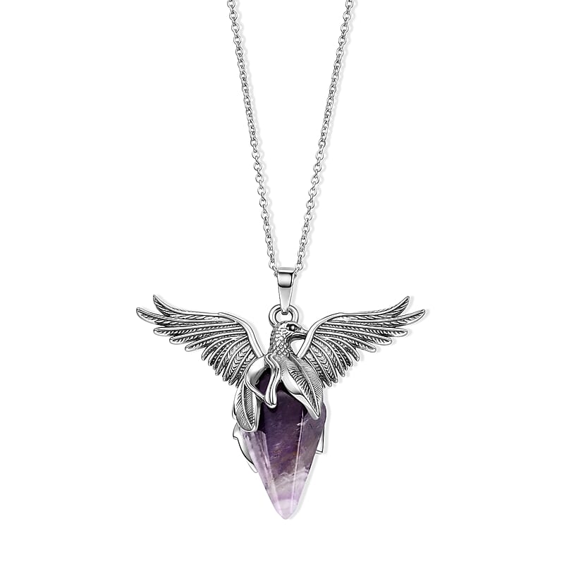 African Amethyst 45.00 ctw Pendant in Silvertone with Stainless Steel Necklace 20 Inches