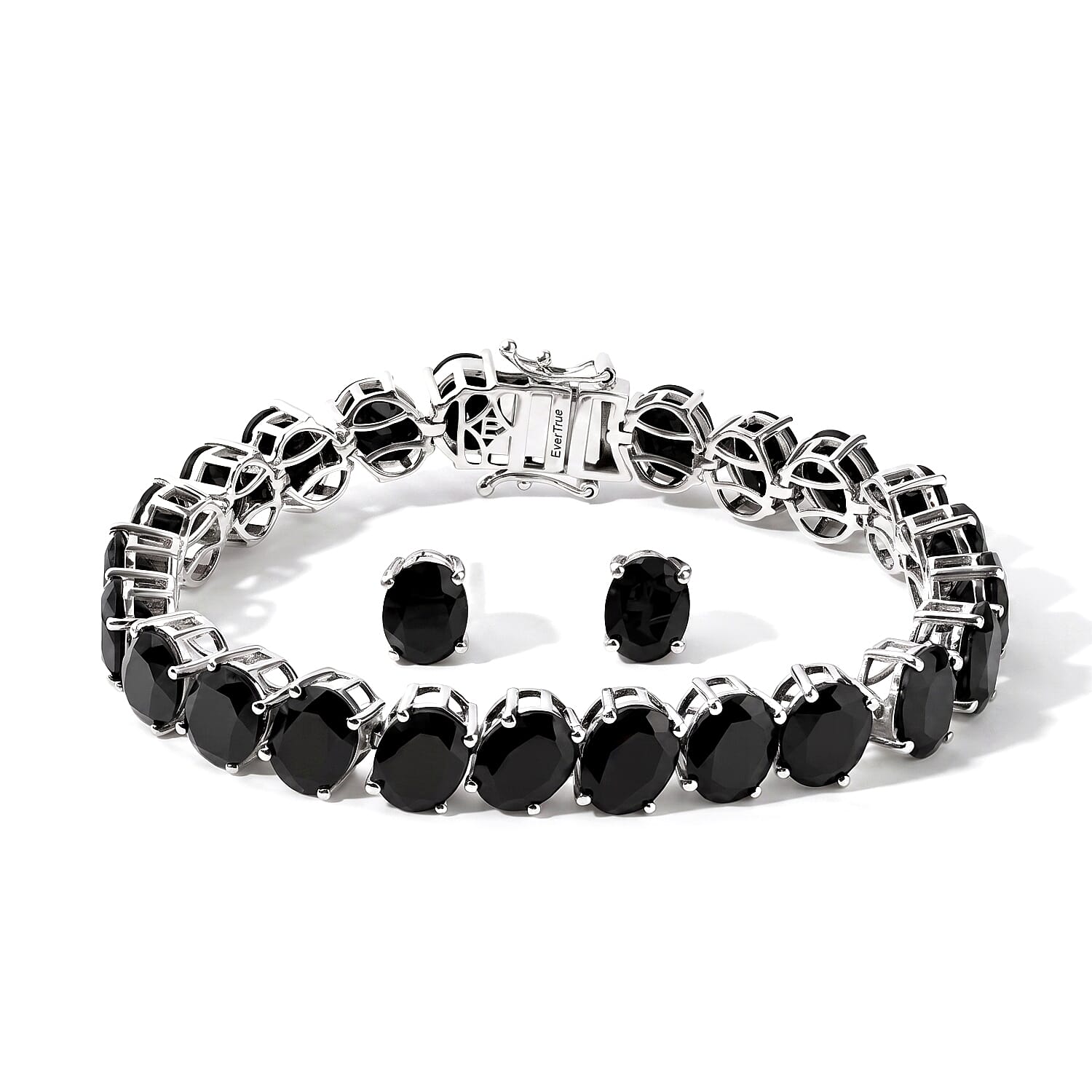 EverTrue Thai Black Spinel 57.20 ctw Bracelet (7.25In) and Solitaire Stud Earrings in Platinum Bond
