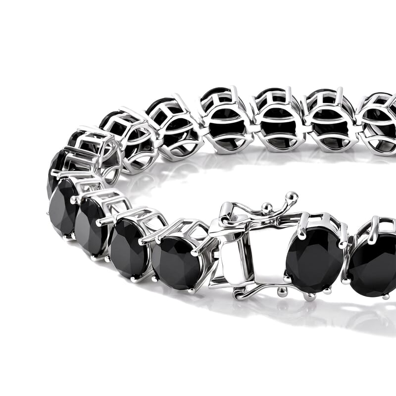 EverTrue Thai Black Spinel 57.20 ctw Bracelet (7.25In) and Solitaire Stud Earrings in Platinum Bond