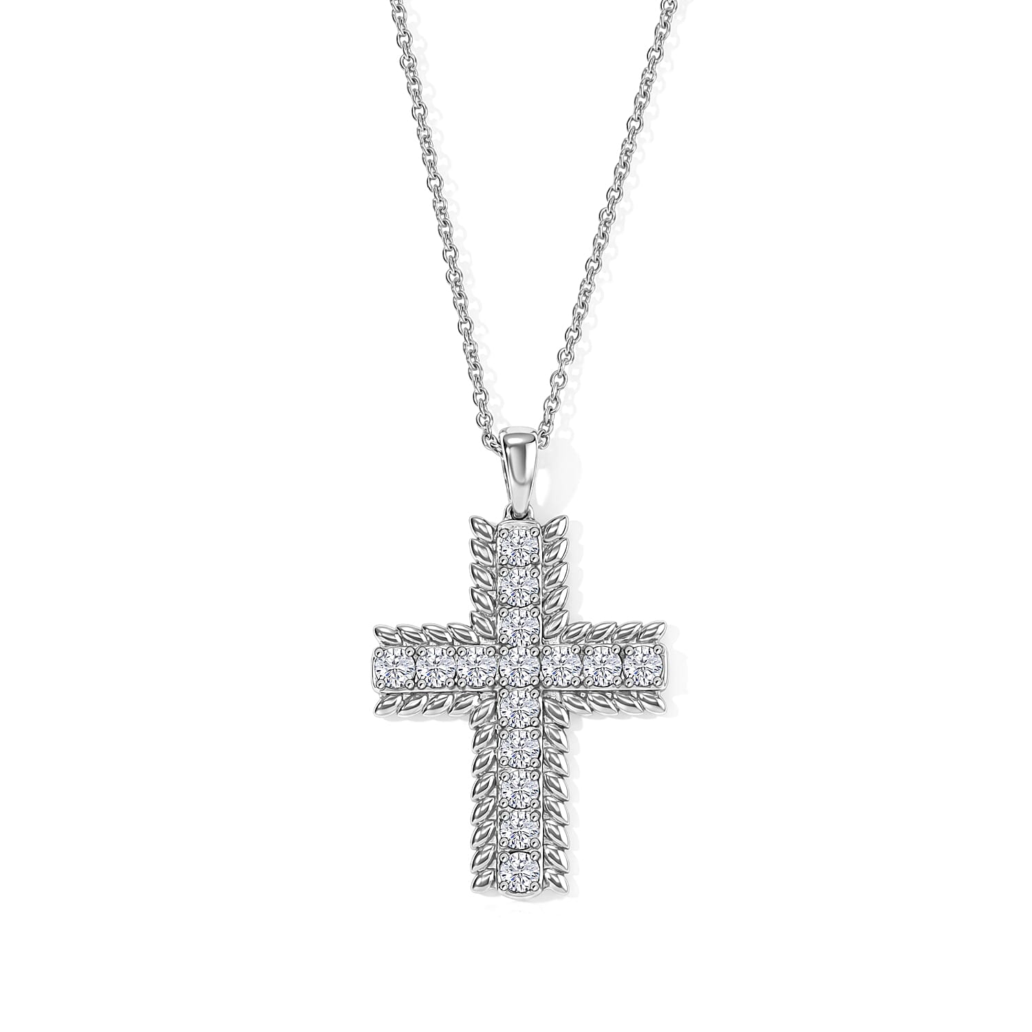 EverTrue Simulated Diamond Cross Pendant Necklace (20 Inches) in Stainless Steel
