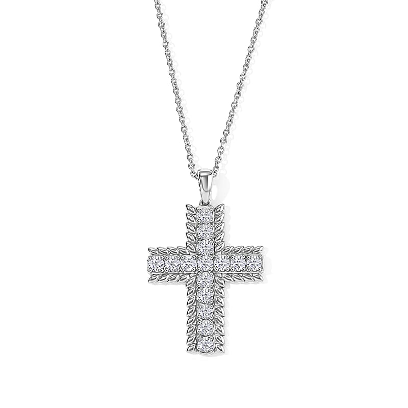 EverTrue Simulated Diamond Cross Pendant Necklace (20 Inches) in Stainless Steel