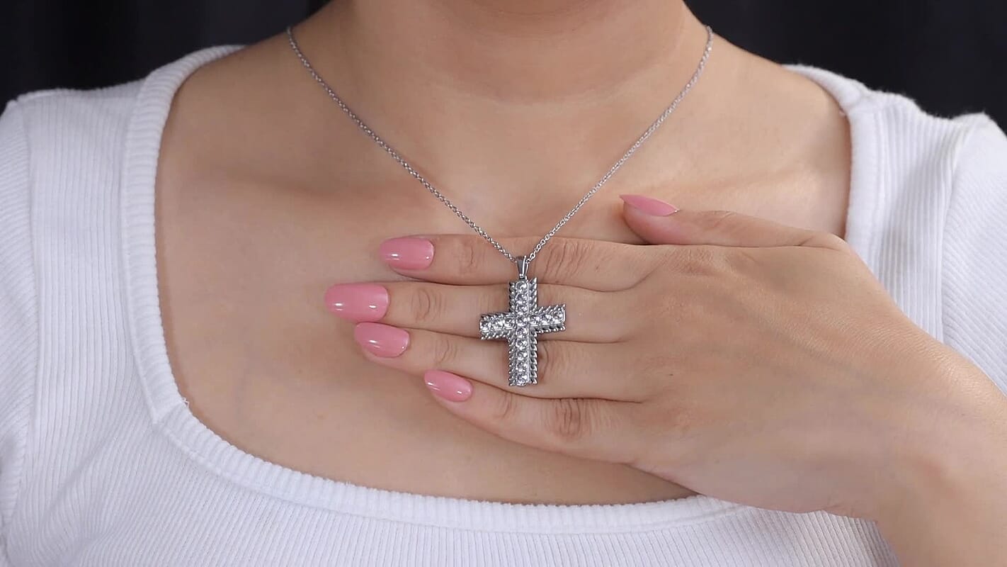 EverTrue Simulated Diamond Cross Pendant Necklace (20 Inches) in Stainless Steel