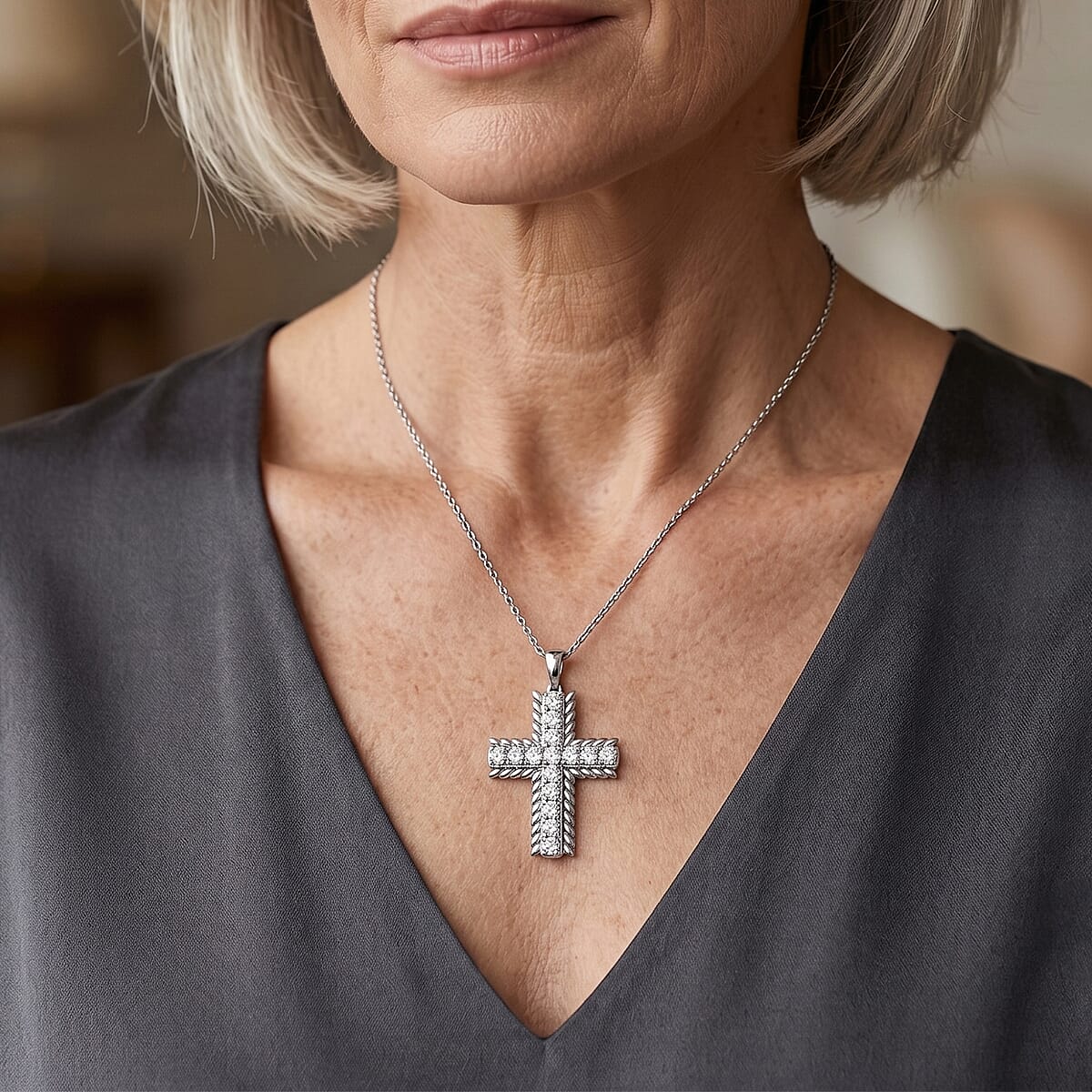 EverTrue Simulated Diamond Cross Pendant Necklace (20 Inches) in Stainless Steel image number 1