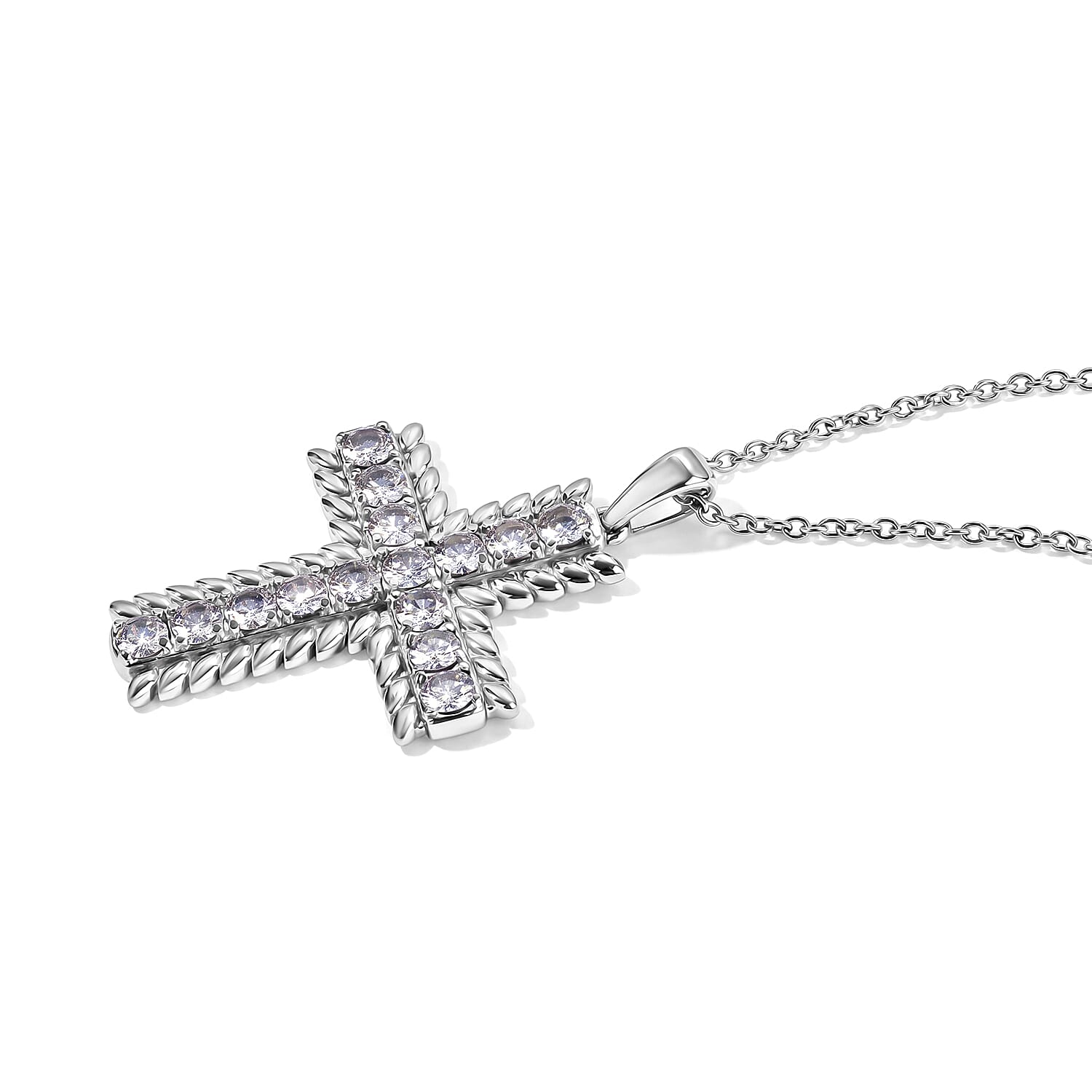 EverTrue Simulated Diamond Cross Pendant Necklace (20 Inches) in Stainless Steel