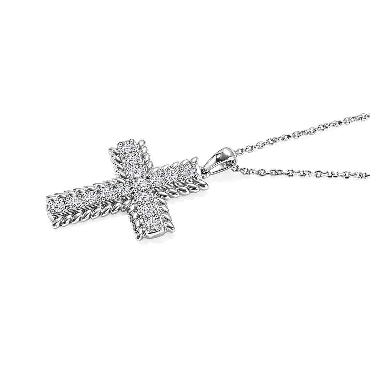 EverTrue Simulated Diamond Cross Pendant Necklace (20 Inches) in Stainless Steel image number 3