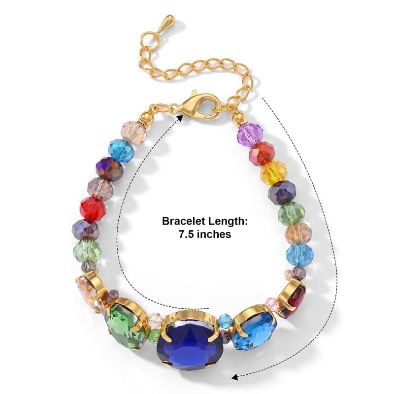 Austrian Multi Crystal and Multi Glass Set of 2 Bracelet (7.50-9.50In) and Earrings in ION Plated YG Stainless Steel
