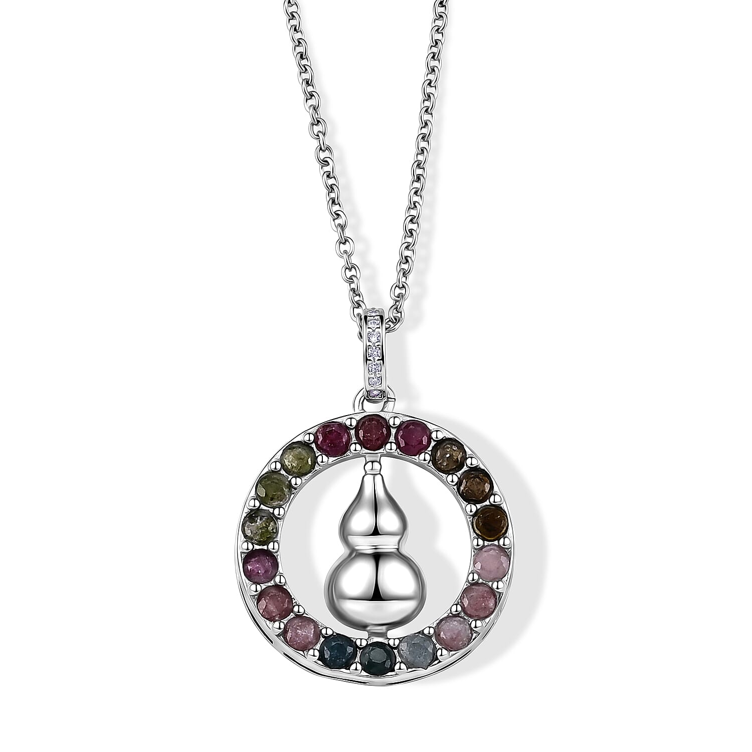 Multi-Tourmaline and Simulated Diamond 5.00 ctw Pendant in Silvertone with Stainless Steel Necklace (20 Inches)