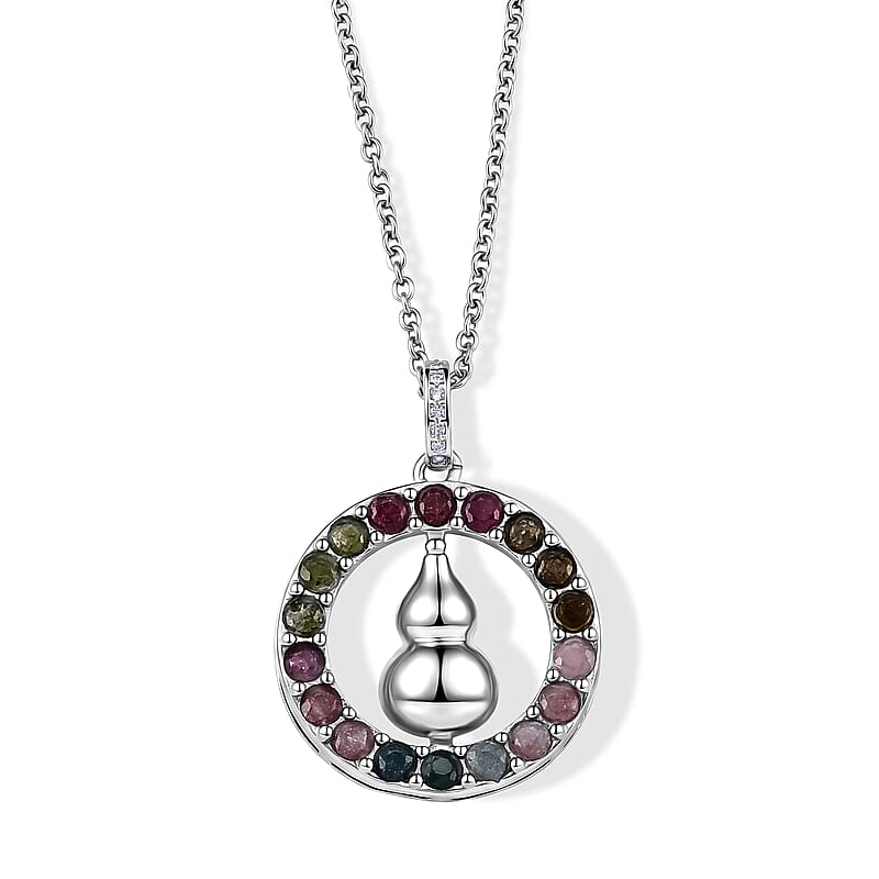 Multi-Tourmaline and Simulated Diamond 5.00 ctw Pendant in Silvertone with Stainless Steel Necklace (20 Inches)