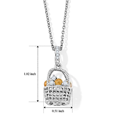Golden Rutilated Quartz and Simulated Diamond 1.00 ctw Fruit Basket Pendant in Silvertone with Stainless Steel Necklace (20 Inches)