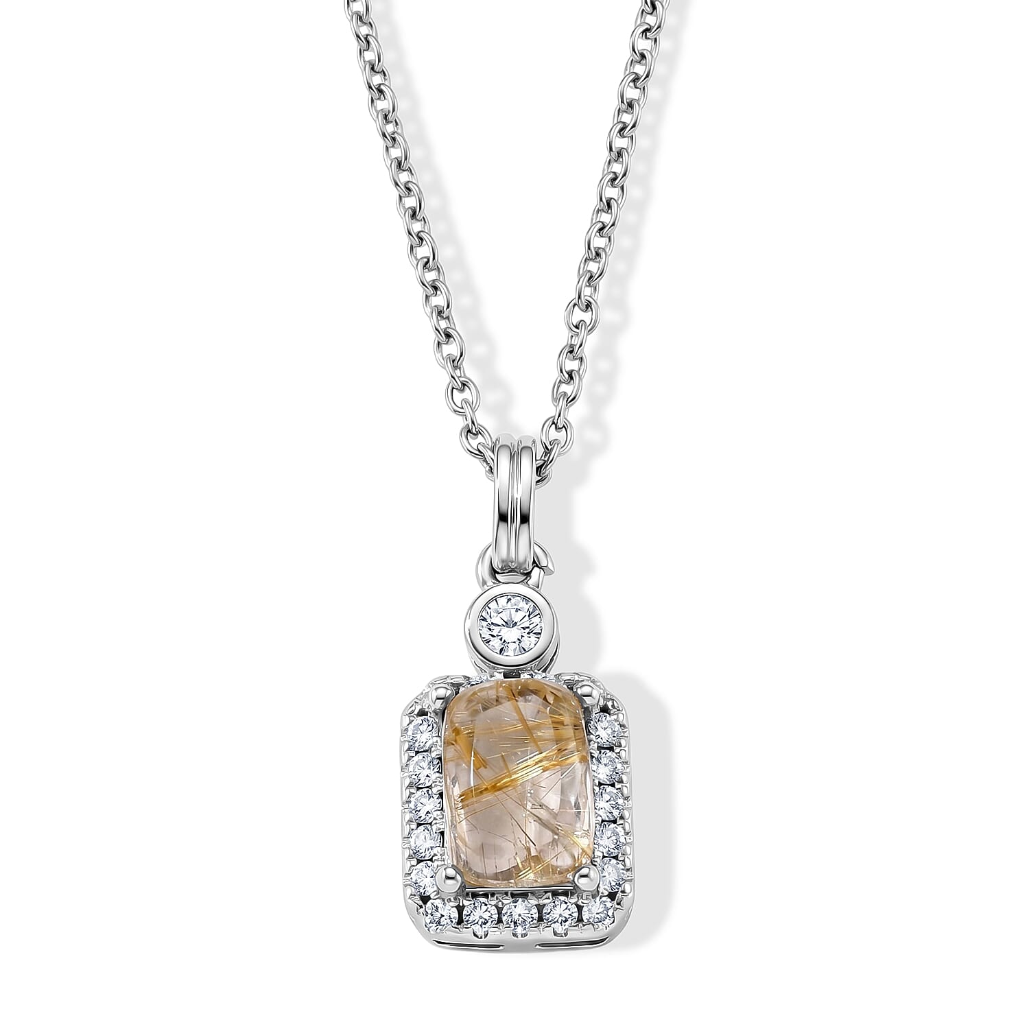 Golden Rutilated Quartz and Simulated Diamond 4.00 ctw Pendant in Silvertone with Stainless Steel Necklace (20 Inches)