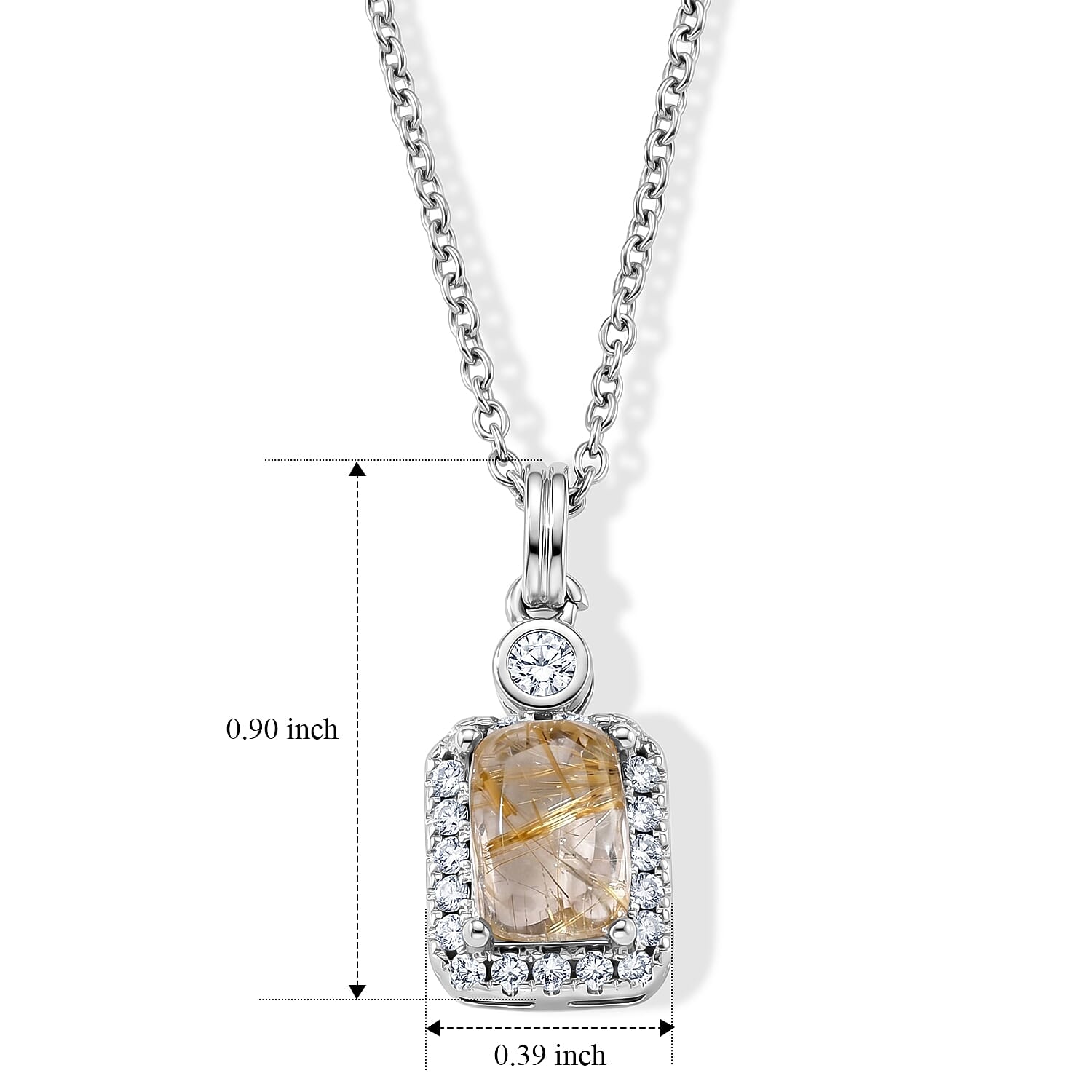 Golden Rutilated Quartz and Simulated Diamond 4.00 ctw Pendant in Silvertone with Stainless Steel Necklace (20 Inches)