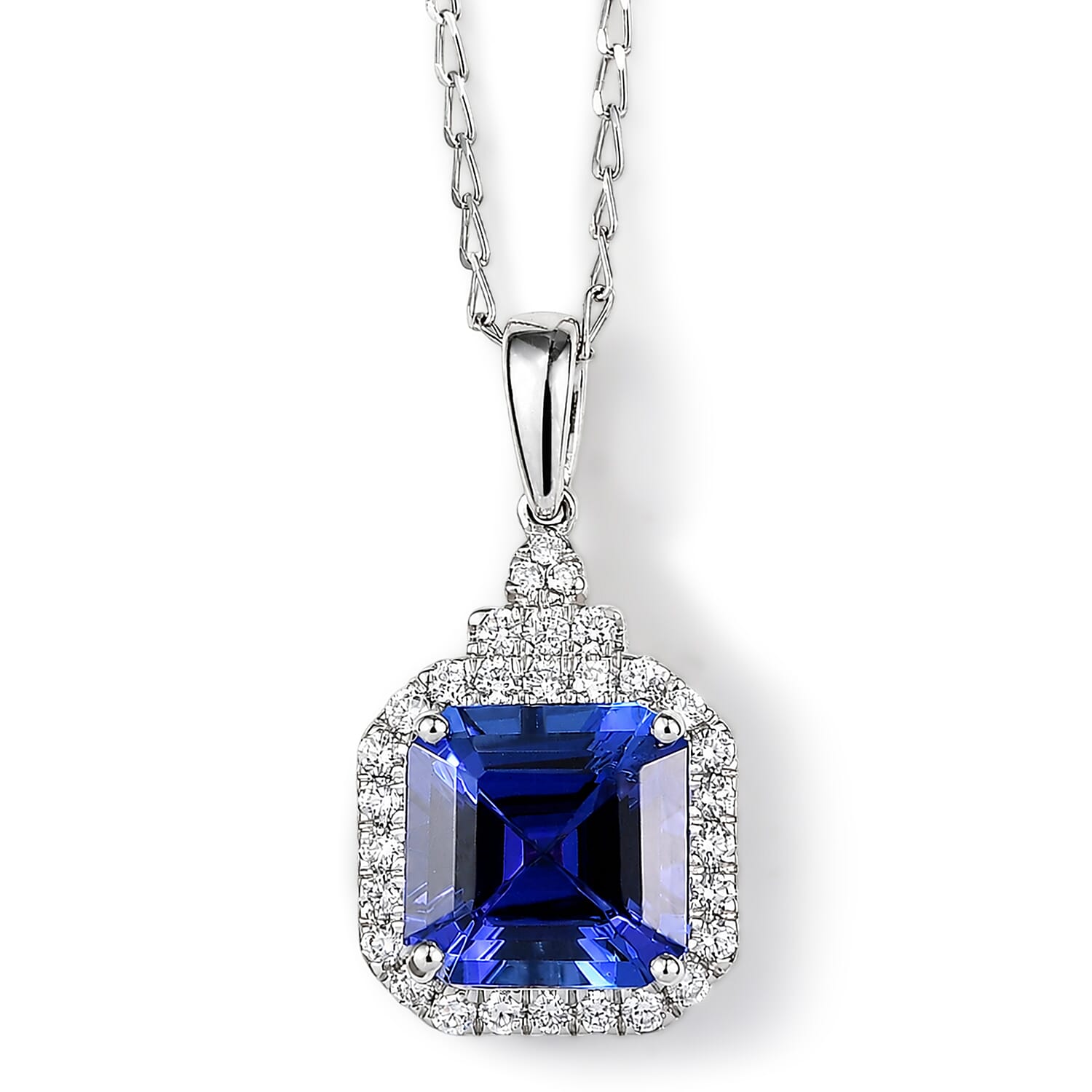 Certified & Appraised Rhapsody Asscher Cut AAAA Tanzanite and Diamond E-F VS 3.85 ctw Pendant Necklace in 950 Platinum 20 Inches