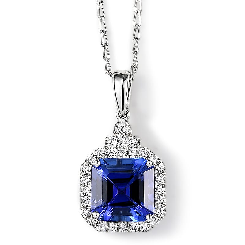 Certified & Appraised Rhapsody Asscher Cut AAAA Tanzanite and Diamond E-F VS 3.85 ctw Pendant Necklace in 950 Platinum 20 Inches