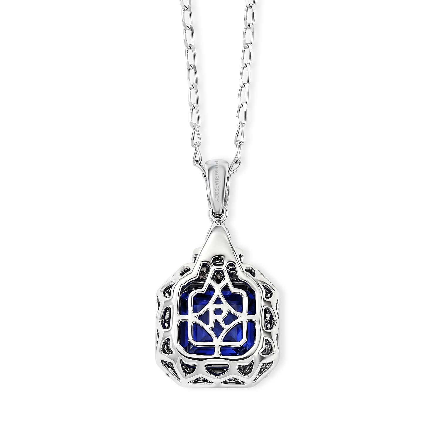 Certified & Appraised Rhapsody Asscher Cut AAAA Tanzanite and Diamond E-F VS 3.85 ctw Pendant Necklace in 950 Platinum 20 Inches