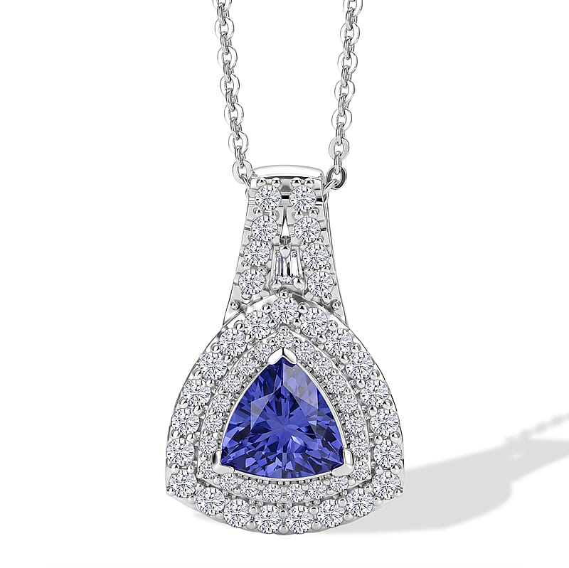 Certified & Appraised D'Joy Premium Tanzanite and Moissanite 2.00 ctw Pendant Necklace in Rhodium Over Sterling Silver 18 Inches