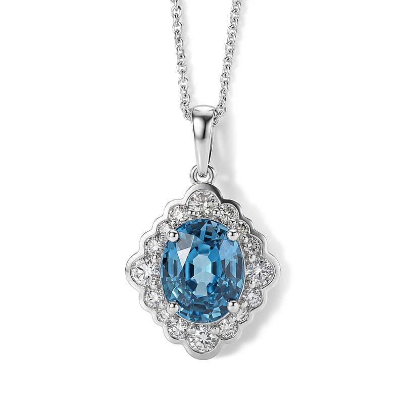 Certified & Appraised AAA Cambodian Blue Zircon and Luxuriant Lab Grown Diamond G-H SI 4.00 ctw Pendant Necklace in 10K White Gold 20 Inches