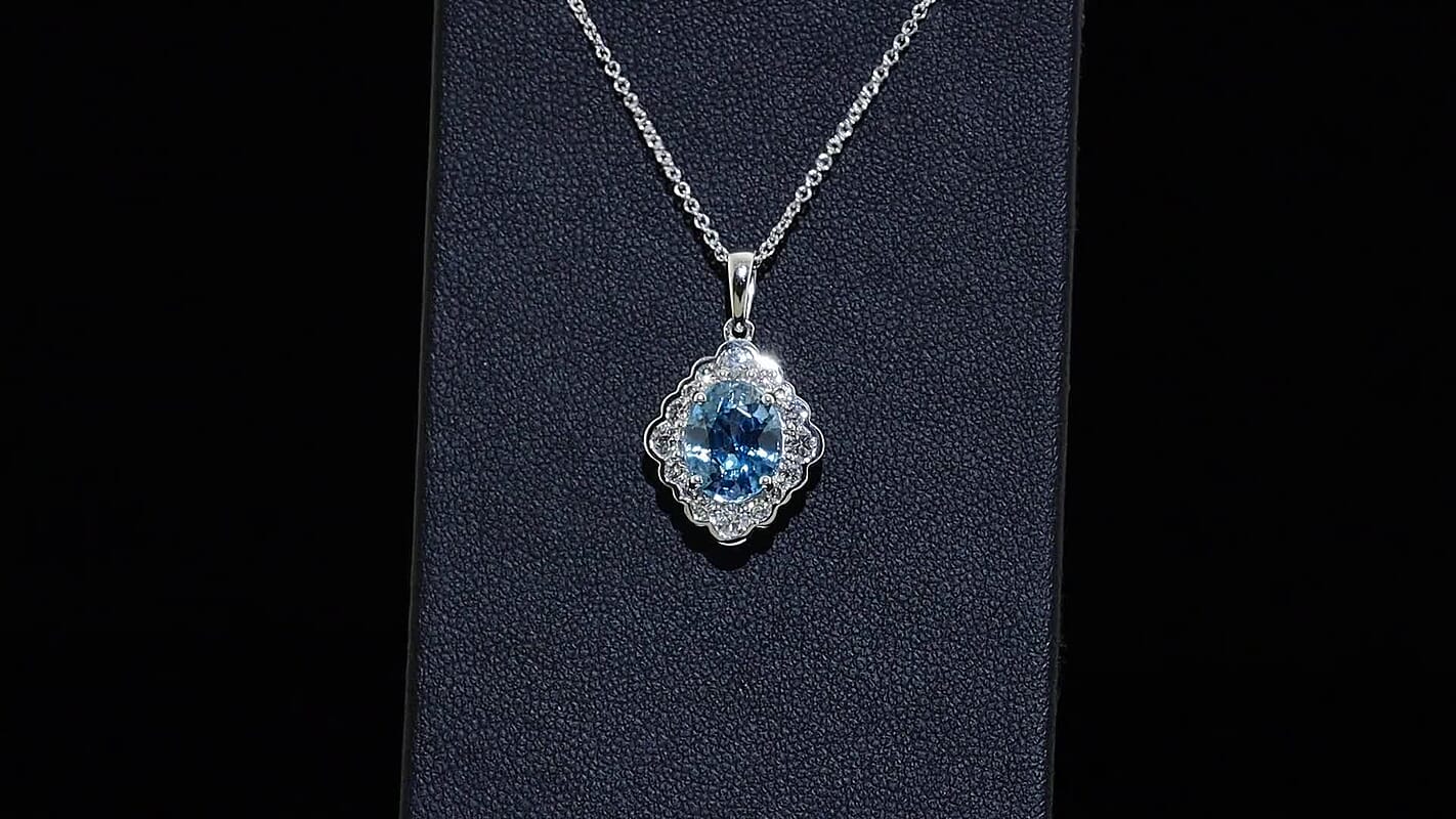 Certified & Appraised 10K White Gold AAA Cambodian Blue Zircon, Luxuriant Lab Grown Diamond (G-H, SI) (48 cts) Pendant Necklace (20 Inches) 4.00 ctw