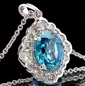 Certified & Appraised AAA Cambodian Blue Zircon and Luxuriant Lab Grown Diamond G-H SI 4.00 ctw Pendant Necklace in 10K White Gold 20 Inches