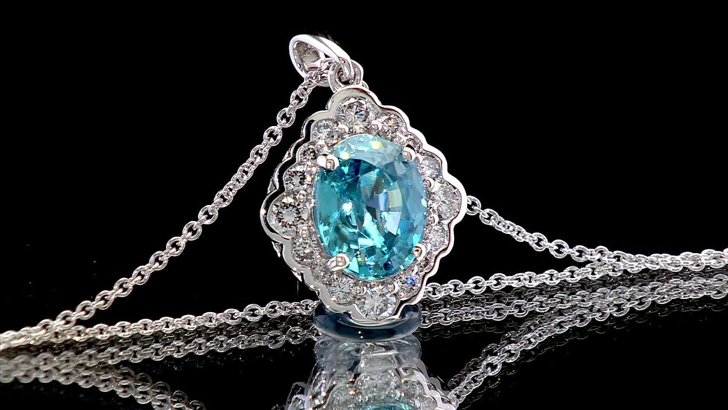 Certified & Appraised 10K White Gold AAA Cambodian Blue Zircon, Luxuriant Lab Grown Diamond (G-H, SI) (48 cts) Pendant Necklace (20 Inches) 4.00 ctw