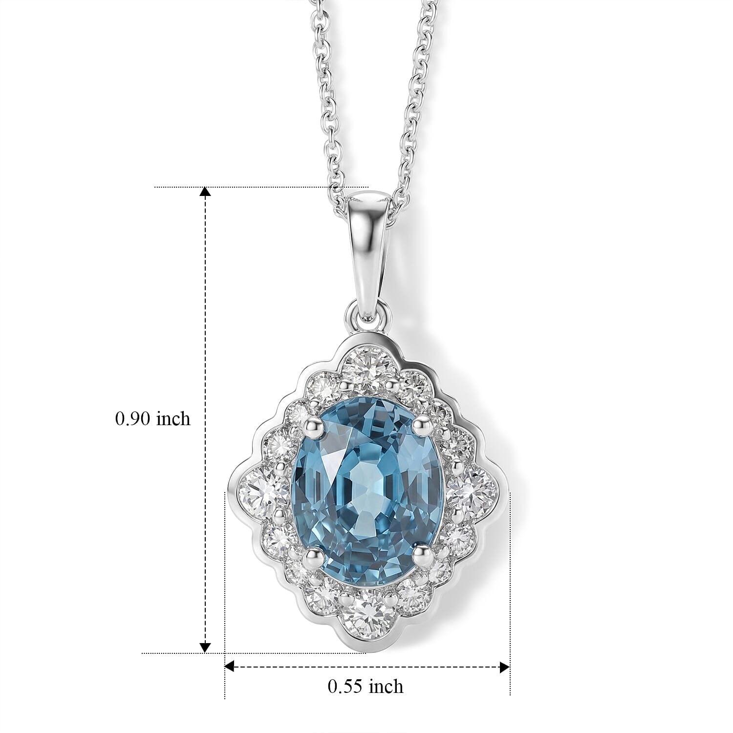 Certified & Appraised AAA Cambodian Blue Zircon and Luxuriant Lab Grown Diamond G-H SI 4.00 ctw Pendant Necklace in 10K White Gold 20 Inches
