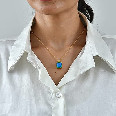 EverTrue Peacock Quartz (Triplet) and Chrome Diopside 9.75 ctw Peacock Horizon Pendant in 18K YG Plated with ION Plated YG Stainless Steel Necklace (20 Inches)