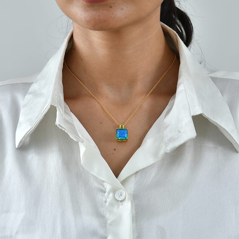 EverTrue Peacock Quartz (Triplet) and Chrome Diopside 9.75 ctw Peacock Horizon Pendant in 18K YG Plated with ION Plated YG Stainless Steel Necklace (20 Inches)