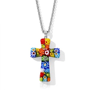 Multi Murano Style Cross Pendant Necklace (20-22 Inches) in Stainless Steel