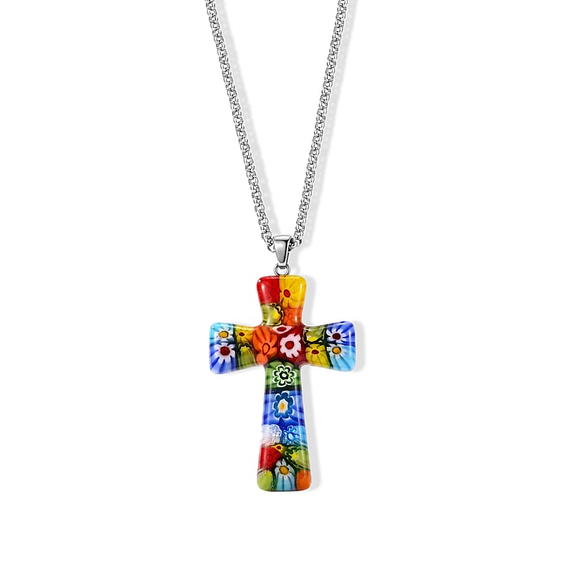 Multi Murano Style Cross Pendant Necklace (20-22 Inches) in Stainless Steel