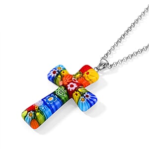 Multi Murano Style Cross Pendant Necklace (20-22 Inches) in Stainless Steel