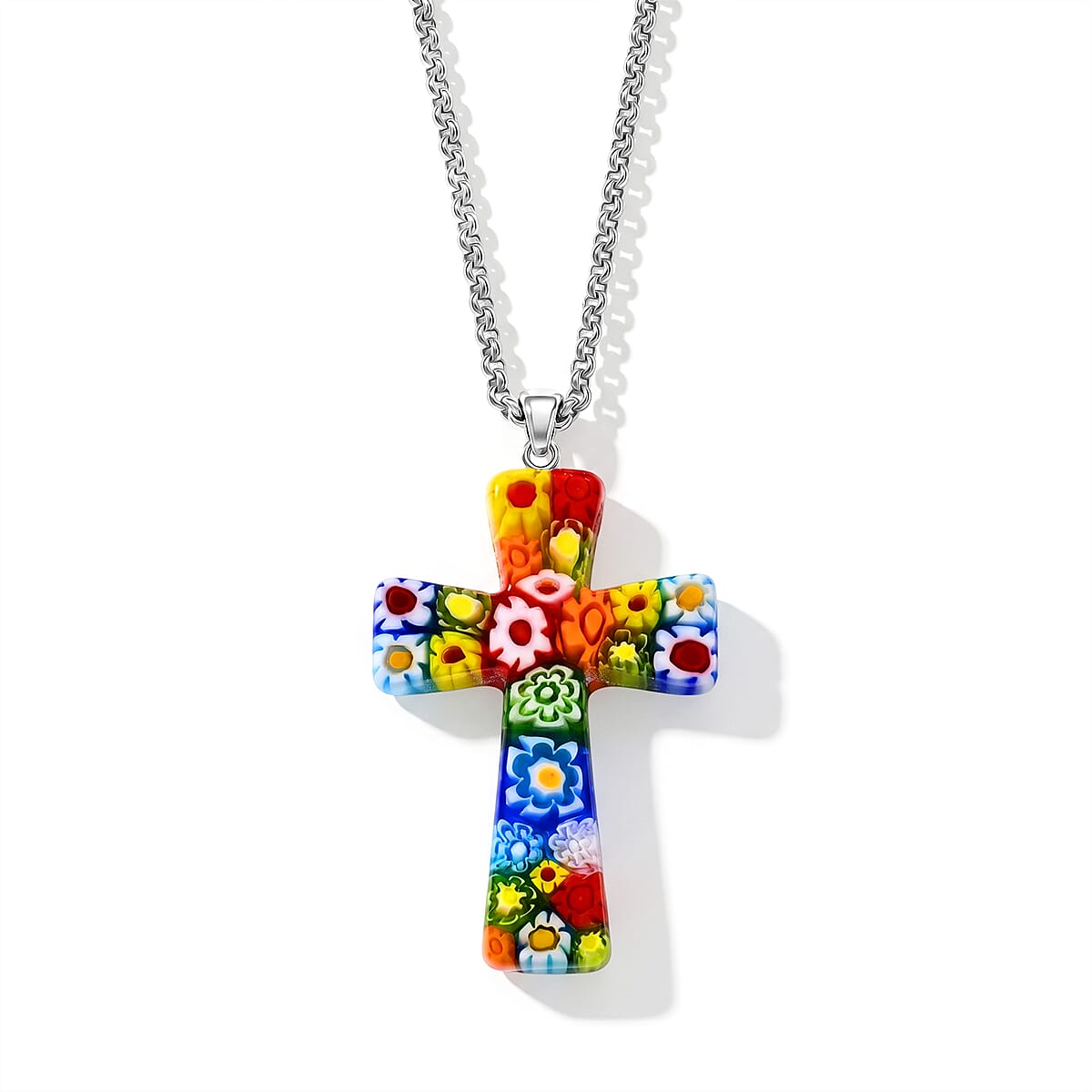 Multi Murano Style Cross Pendant Necklace (20-22 Inches) in Stainless Steel image number 4