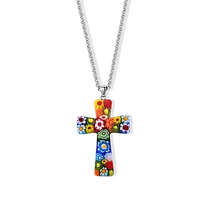 Multi Murano Style Cross Pendant Necklace (20-22 Inches) in Stainless Steel