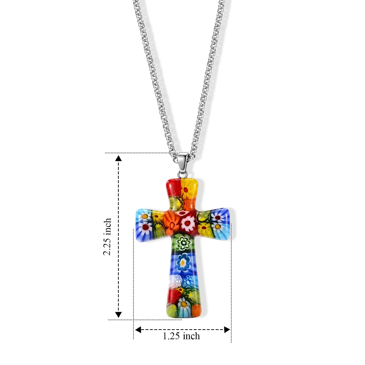 Multi Murano Style Cross Pendant Necklace (20-22 Inches) in Stainless Steel